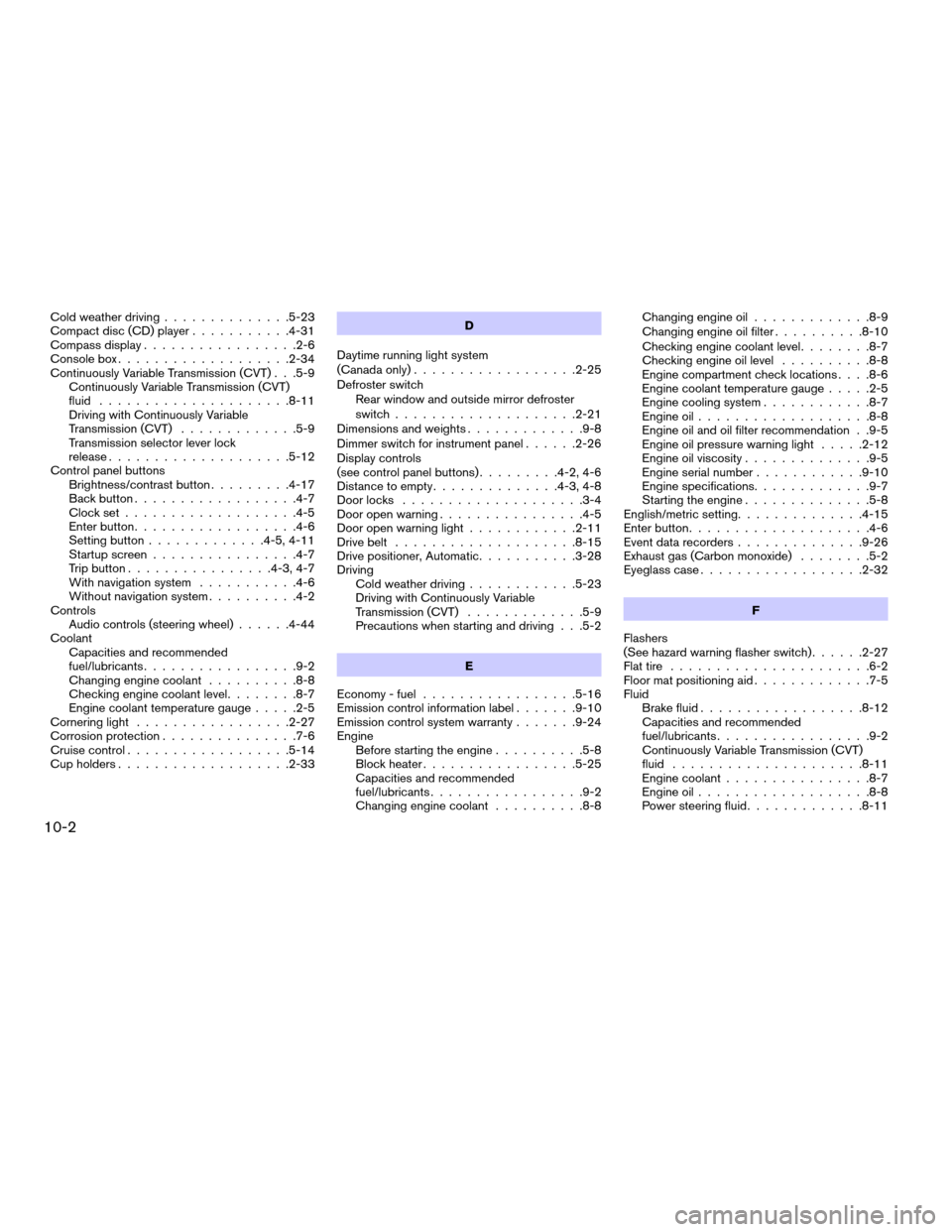 NISSAN MAXIMA 2008 A34 / 6.G User Guide Cold weather driving..............5-23
Compact disc (CD) player...........4-31
Compass display.................2-6
Console box...................2-34
Continuously Variable Transmission (CVT) . . .5-9
