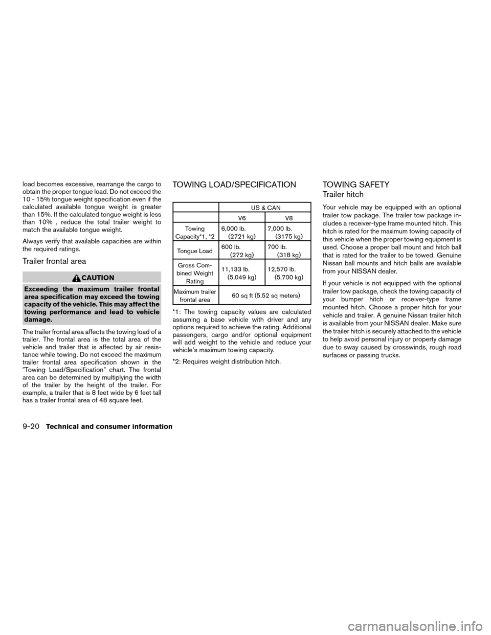 NISSAN PATHFINDER 2008 R51 / 3.G Owners Manual load becomes excessive, rearrange the cargo to
obtain the proper tongue load. Do not exceed the
10 - 15% tongue weight specification even if the
calculated available tongue weight is greater
than 15%.