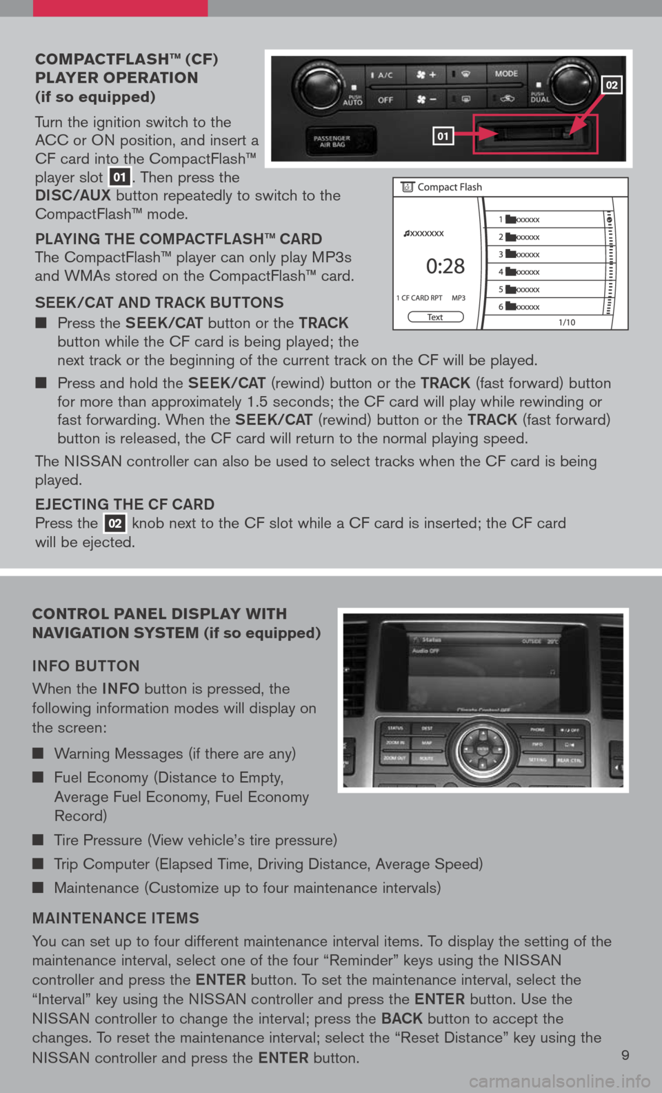 NISSAN PATHFINDER 2008 R51 / 3.G Quick Reference Guide 
coMpact Flash ™ (cF) 
player  operation 
 
(if so equipped)
Turn the ignition switch to the ACC or ON position, and insert a CF card into the CompactFlash™ player slot 01. Then press the 
Di SC/a