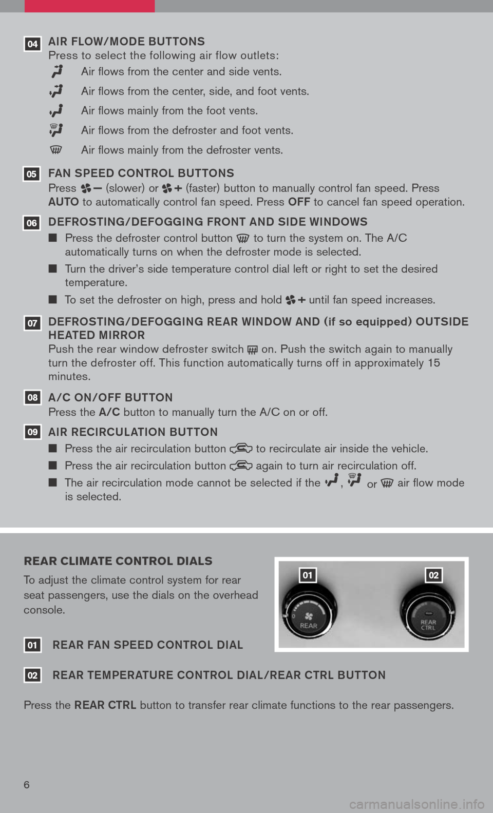 NISSAN PATHFINDER 2008 R51 / 3.G Quick Reference Guide 
aiR FLOW/ mOD e BU ttONSPress to select the following air flow outlets:
    Air flows from the center and side vents. 
    Air flows from the center, side, and foot vents.
    Air flows mainly from t