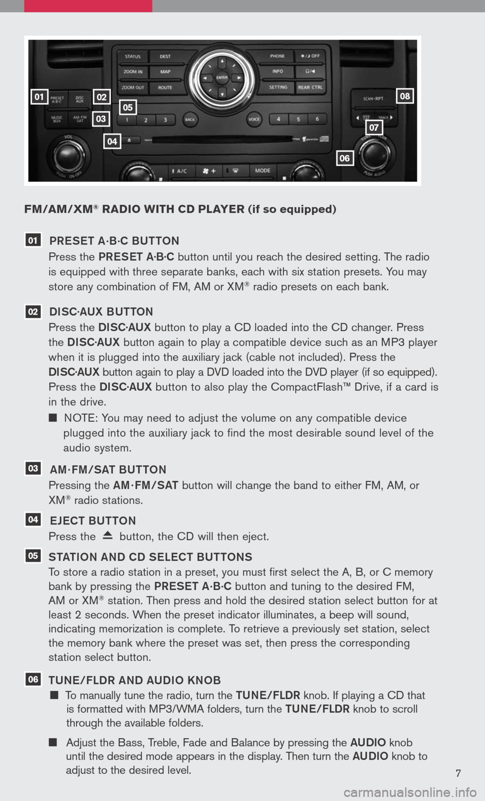 NISSAN PATHFINDER 2008 R51 / 3.G Quick Reference Guide 
FM/aM/ xM® radio W ith cd player (if so equipped)
02
0307
06
05
04
0108
7
01  PR eS et  a.B.
C BU ttON
Press the  PReS et  a·B·C  button until you reach the desired setting. The radio   
is equipp