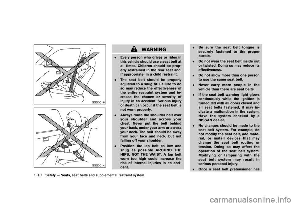 NISSAN ROGUE 2008 1.G Owners Manual Black plate (22,1)
Model "S35-D" EDITED: 2007/ 12/ 19
SSS0016SSS0014
WARNING
.Every person who drives or rides in
this vehicle should use a seat belt at
all times. Children should be prop-
erly restra