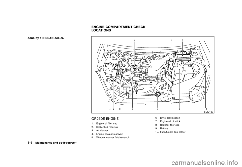 NISSAN ROGUE 2008 1.G Owners Manual Black plate (244,1)
Model "S35-D" EDITED: 2007/ 12/ 19
done by a NISSAN dealer.
SDI2127
QR25DE ENGINE1. Engine oil filler cap
2. Brake fluid reservoir
3. Air cleaner
4. Engine coolant reservoir
5. Win NISSAN ROGUE 2008 1.G Owners Manual Black plate (244,1)
Model "S35-D" EDITED: 2007/ 12/ 19
done by a NISSAN dealer.
SDI2127
QR25DE ENGINE1. Engine oil filler cap
2. Brake fluid reservoir
3. Air cleaner
4. Engine coolant reservoir
5. Win