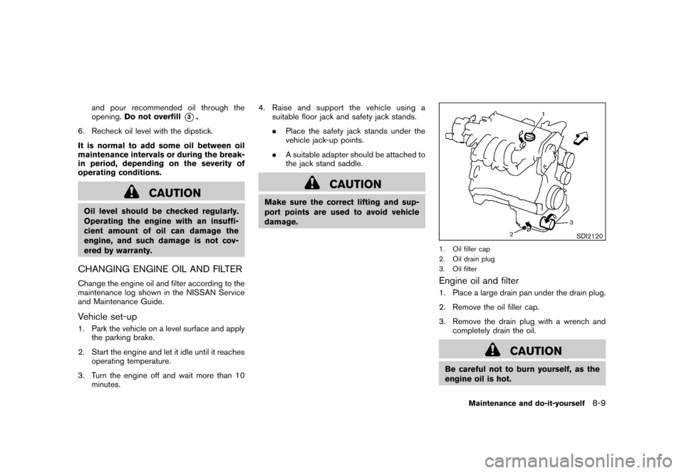 NISSAN ROGUE 2008 1.G Owners Manual Black plate (247,1)
Model "S35-D" EDITED: 2007/ 12/ 19
and pour recommended oil through the
opening.Do not overfill
*3.
6. Recheck oil level with the dipstick.
It is normal to add some oil between oil