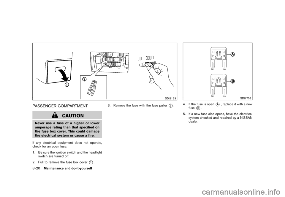 NISSAN ROGUE 2008 1.G Owners Manual Black plate (258,1)
Model "S35-D" EDITED: 2007/ 12/ 19
SDI2133
PASSENGER COMPARTMENT
CAUTION
Never use a fuse of a higher or lower
amperage rating than that specified on
the fuse box cover. This could