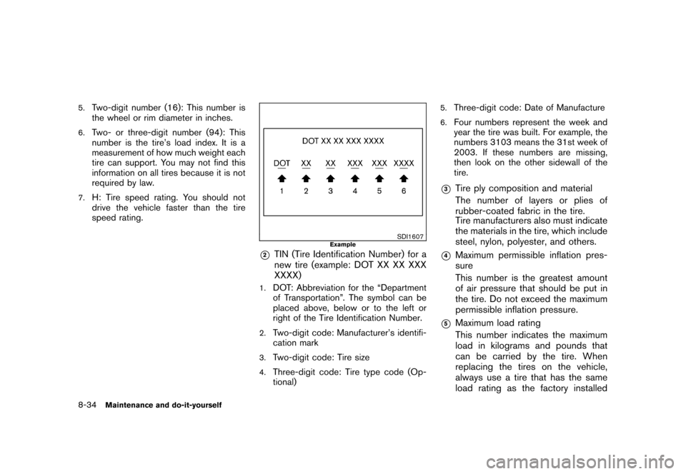NISSAN ROGUE 2008 1.G User Guide Black plate (272,1)
Model "S35-D" EDITED: 2007/ 12/ 19
5.
Two-digit number (16): This number is
the wheel or rim diameter in inches.
6.
Two- or three-digit number (94): This
number is the tire’s loa
