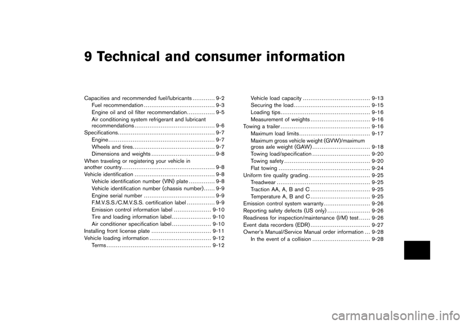 NISSAN ROGUE 2008 1.G Owners Manual Black plate (28,1)
9 Technical and consumer information
Model "S35-D" EDITED: 2007/ 12/ 25
Capacities and recommended fuel/lubricants............ 9-2
Fuel recommendation ..............................