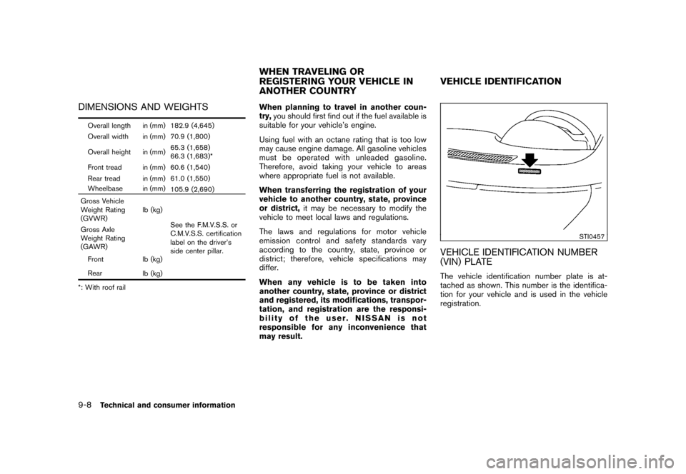 NISSAN ROGUE 2008 1.G Owners Manual Black plate (288,1)
Model "S35-D" EDITED: 2007/ 12/ 19
DIMENSIONS AND WEIGHTSOverall length in (mm) 182.9 (4,645)
Overall width in (mm) 70.9 (1,800)
Overall height in (mm)65.3 (1,658)
66.3 (1,683)*
Fr NISSAN ROGUE 2008 1.G Owners Manual Black plate (288,1)
Model "S35-D" EDITED: 2007/ 12/ 19
DIMENSIONS AND WEIGHTSOverall length in (mm) 182.9 (4,645)
Overall width in (mm) 70.9 (1,800)
Overall height in (mm)65.3 (1,658)
66.3 (1,683)*
Fr