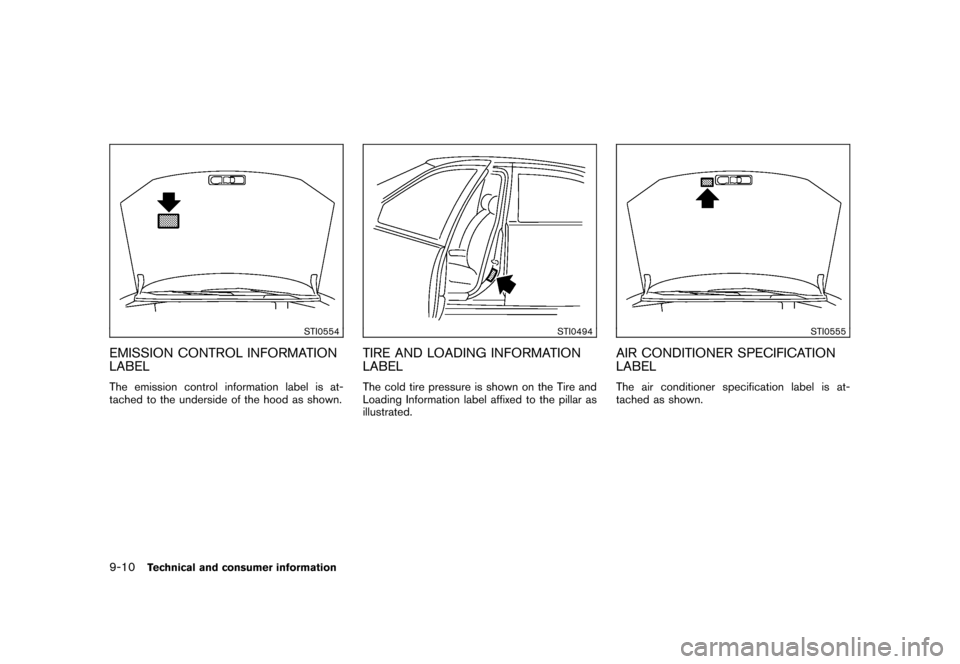 NISSAN ROGUE 2008 1.G Owners Manual Black plate (290,1)
Model "S35-D" EDITED: 2007/ 12/ 19
STI0554
EMISSION CONTROL INFORMATION
LABELThe emission control information label is at-
tached to the underside of the hood as shown.
STI0494
TIR