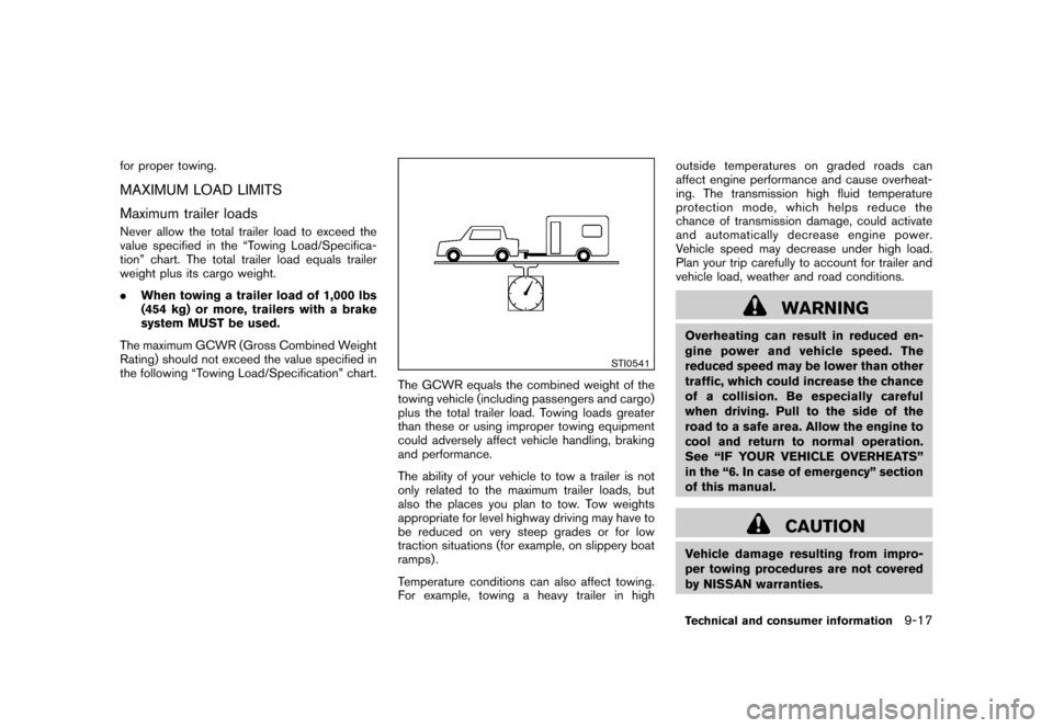 NISSAN ROGUE 2008 1.G Owners Manual Black plate (297,1)
Model "S35-D" EDITED: 2007/ 12/ 19
for proper towing.MAXIMUM LOAD LIMITS
Maximum trailer loadsNever allow the total trailer load to exceed the
value specified in the “Towing Load NISSAN ROGUE 2008 1.G Owners Manual Black plate (297,1)
Model "S35-D" EDITED: 2007/ 12/ 19
for proper towing.MAXIMUM LOAD LIMITS
Maximum trailer loadsNever allow the total trailer load to exceed the
value specified in the “Towing Load