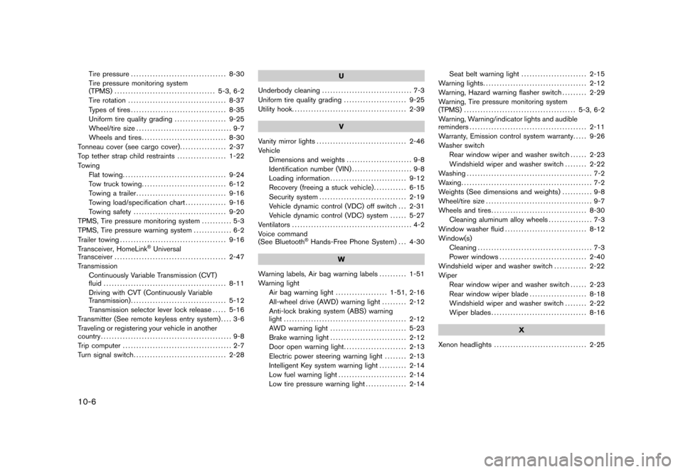 NISSAN ROGUE 2008 1.G User Guide Black plate (6,1)
10-6
Tire pressure................................... 8-30
Tire pressure monitoring system
(TPMS)..................................... 5-3, 6-2
Tire rotation.........................