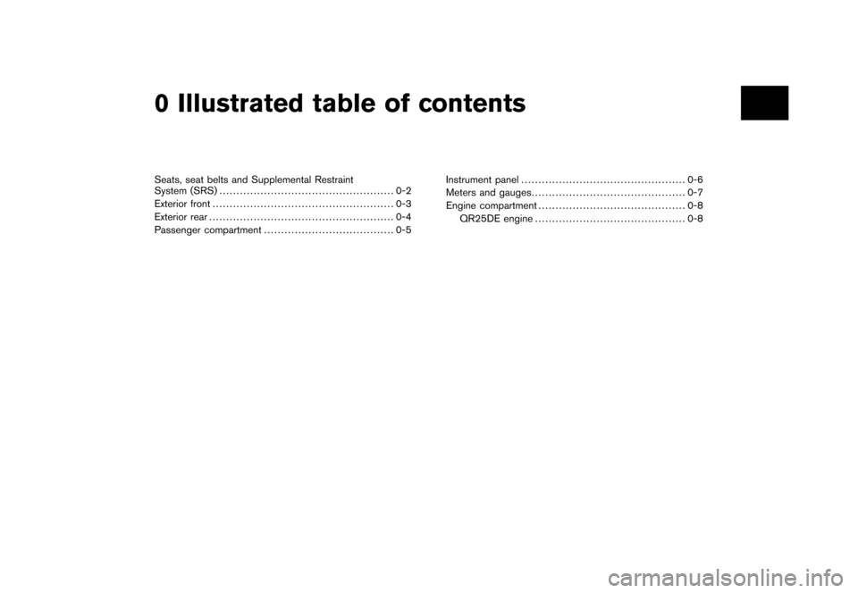 NISSAN ROGUE 2008 1.G Owners Manual Black plate (1,1)
Seats, seat belts and Supplemental Restraint
System (SRS)................................................... 0-2
Exterior front ..................................................... 