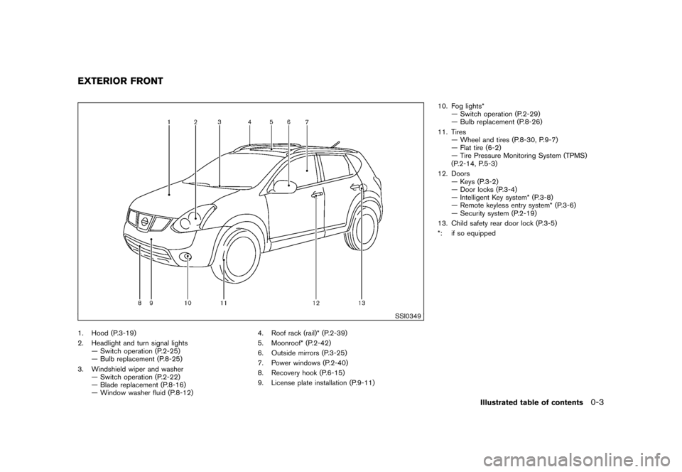 NISSAN ROGUE 2008 1.G Owners Manual Black plate (5,1)
Model "S35-D" EDITED: 2007/ 12/ 19
SSI0349
1. Hood (P.3-19)
2. Headlight and turn signal lights
— Switch operation (P.2-25)
— Bulb replacement (P.8-25)
3. Windshield wiper and wa