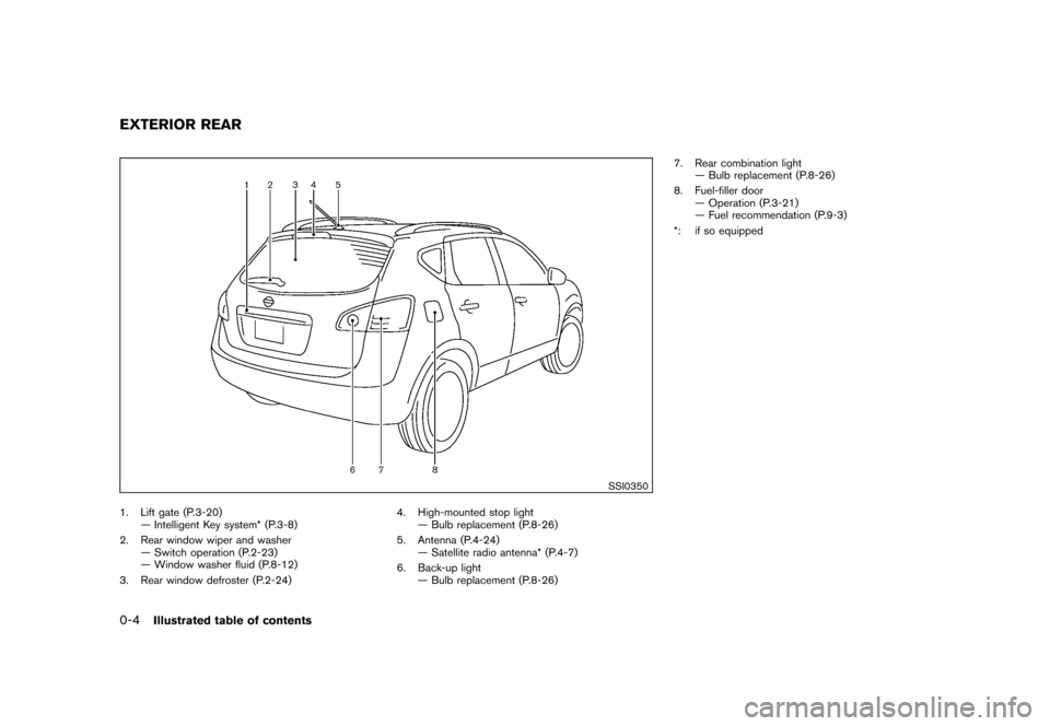 NISSAN ROGUE 2008 1.G Owners Manual Black plate (6,1)
Model "S35-D" EDITED: 2007/ 12/ 19
SSI0350
1. Lift gate (P.3-20)
— Intelligent Key system* (P.3-8)
2. Rear window wiper and washer
— Switch operation (P.2-23)
— Window washer f NISSAN ROGUE 2008 1.G Owners Manual Black plate (6,1)
Model "S35-D" EDITED: 2007/ 12/ 19
SSI0350
1. Lift gate (P.3-20)
— Intelligent Key system* (P.3-8)
2. Rear window wiper and washer
— Switch operation (P.2-23)
— Window washer f