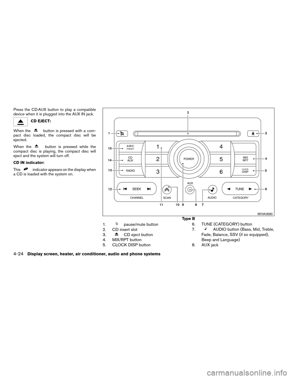 NISSAN SENTRA 2008 B16 / 6.G Owners Manual Press the CD·AUX button to play a compatible
device when it is plugged into the AUX IN jack.
CD EJECT:
When the
button is pressed with a com-
pact disc loaded, the compact disc will be
ejected.
When NISSAN SENTRA 2008 B16 / 6.G Owners Manual Press the CD·AUX button to play a compatible
device when it is plugged into the AUX IN jack.
CD EJECT:
When the
button is pressed with a com-
pact disc loaded, the compact disc will be
ejected.
When