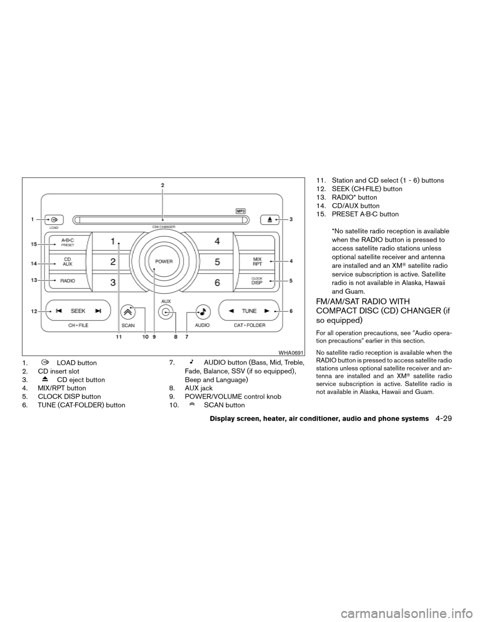 NISSAN SENTRA 2008 B16 / 6.G Owners Manual 1.LOAD button
2. CD insert slot
3.
CD eject button
4. MIX/RPT button
5. CLOCK DISP button
6. TUNE (CAT·FOLDER) button7.
AUDIO button (Bass, Mid, Treble,
Fade, Balance, SSV (if so equipped) ,
Beep and NISSAN SENTRA 2008 B16 / 6.G Owners Manual 1.LOAD button
2. CD insert slot
3.
CD eject button
4. MIX/RPT button
5. CLOCK DISP button
6. TUNE (CAT·FOLDER) button7.
AUDIO button (Bass, Mid, Treble,
Fade, Balance, SSV (if so equipped) ,
Beep and