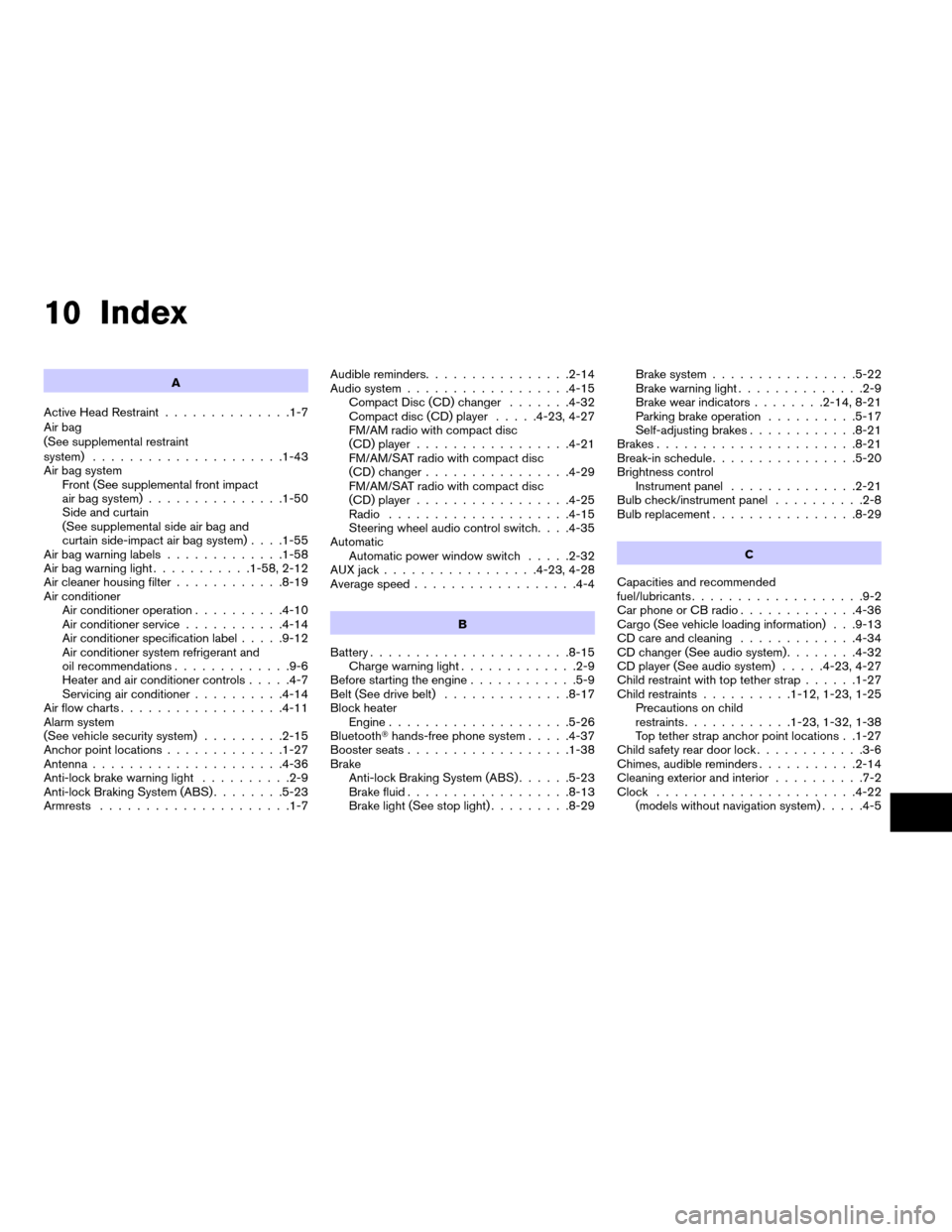 NISSAN SENTRA 2008 B16 / 6.G Service Manual 10 Index
A
Active Head Restraint..............1-7
Air bag
(See supplemental restraint
system).....................1-43
Air bag system
Front (See supplemental front impact
air bag system)..............