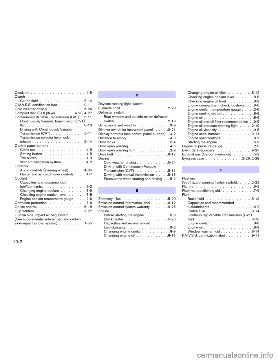 NISSAN SENTRA 2008 B16 / 6.G Workshop Manual Clock set.....................4-5
Clutch
Clutch fluid.................8-14
C.M.V.S.S. certification label..........9-11
Cold weather driving..............5-24
Compact disc (CD) player.......4-23, 4-27