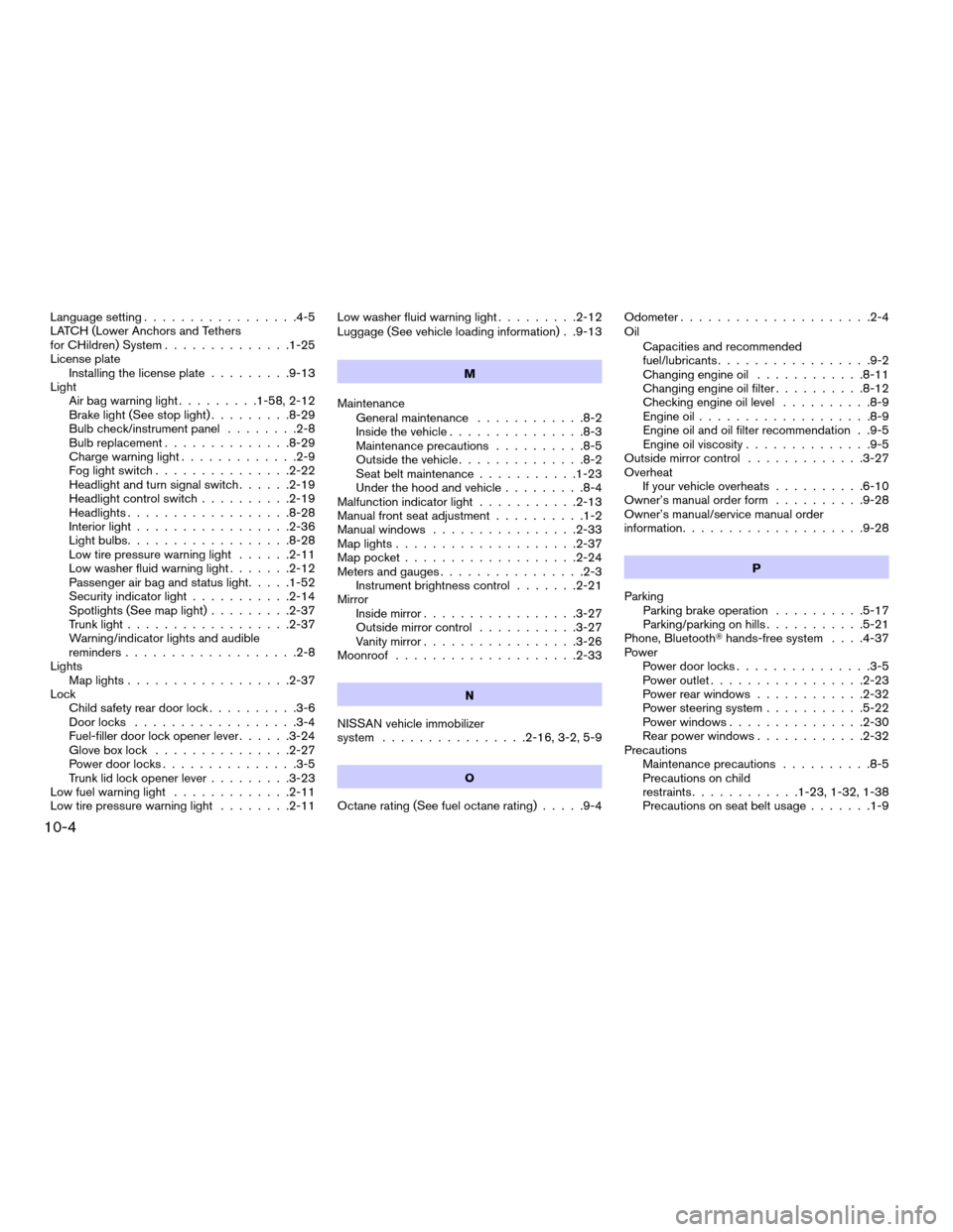 NISSAN SENTRA 2008 B16 / 6.G Service Manual Language setting.................4-5
LATCH (Lower Anchors and Tethers
for CHildren) System..............1-25
License plate
Installing the license plate.........9-13
Light
Air bag warning light........