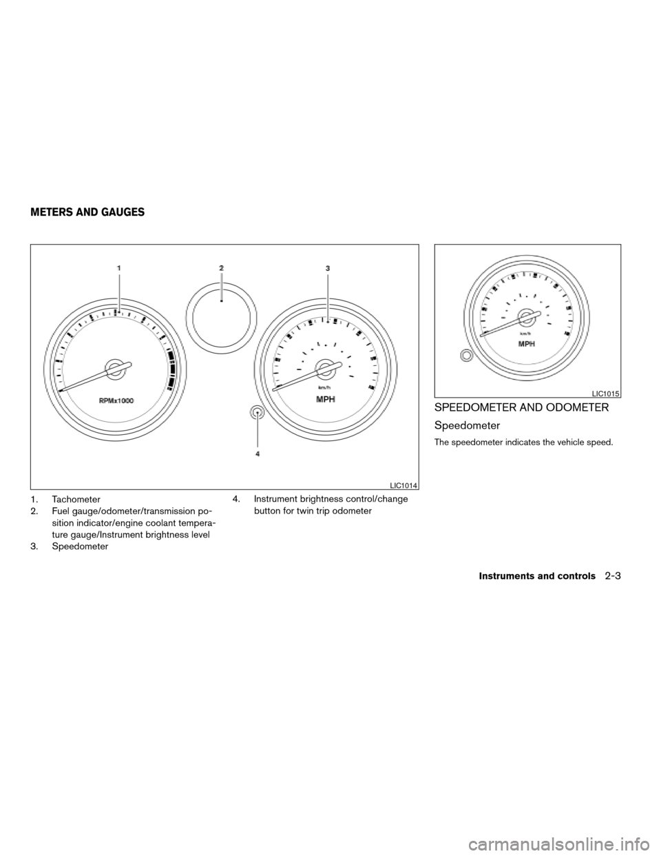 NISSAN SENTRA 2008 B16 / 6.G Owners Manual 1. Tachometer
2. Fuel gauge/odometer/transmission po-
sition indicator/engine coolant tempera-
ture gauge/Instrument brightness level
3. Speedometer4. Instrument brightness control/change
button for t