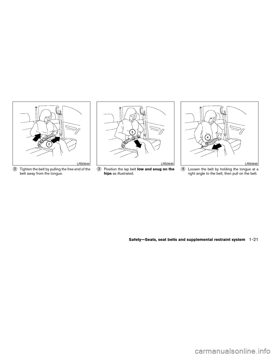 NISSAN TITAN 2008 1.G Owners Guide s2Tighten the belt by pulling the free end of the
belt away from the tongue.s3Position the lap beltlow and snug on the
hipsas illustrated.s4Loosen the belt by holding the tongue at a
right angle to th