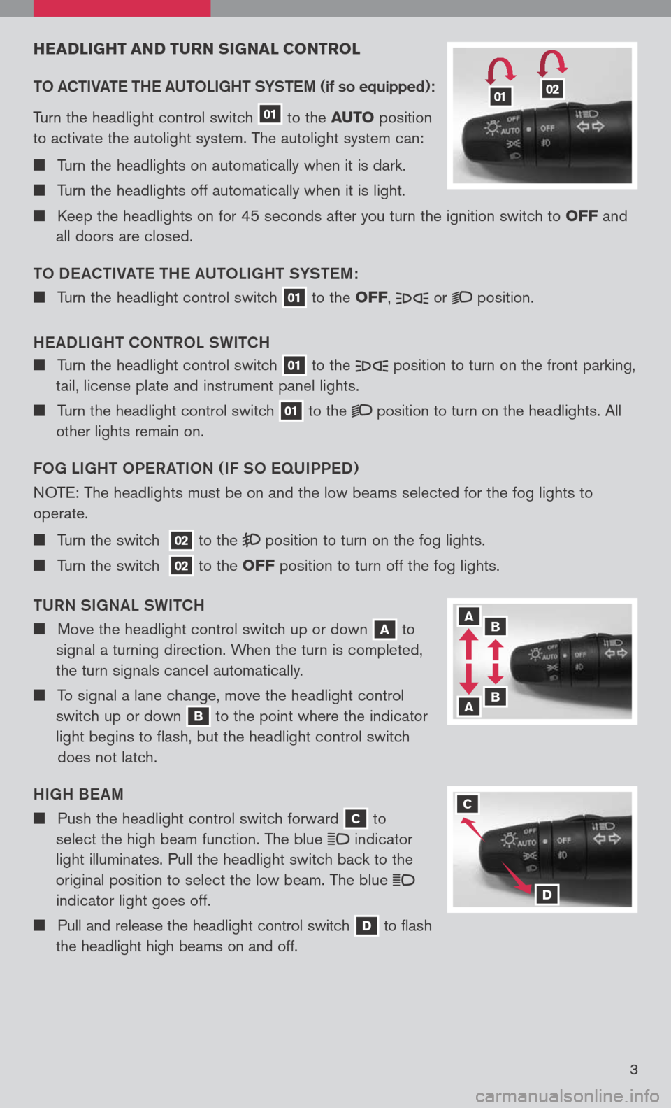 NISSAN TITAN 2008 1.G Quick Reference Guide 
3
HEADLIgHT AND T uRN  sIg NAL CONTROL
TO  aCTIV aTe  TH e a UTOLI gHT SYST eM 
(if so equipped):
Turn	 the	headlight	 control	switch
	01	
to	 the	 AuTO 	position	
to	 activate	 the	autolight	 system