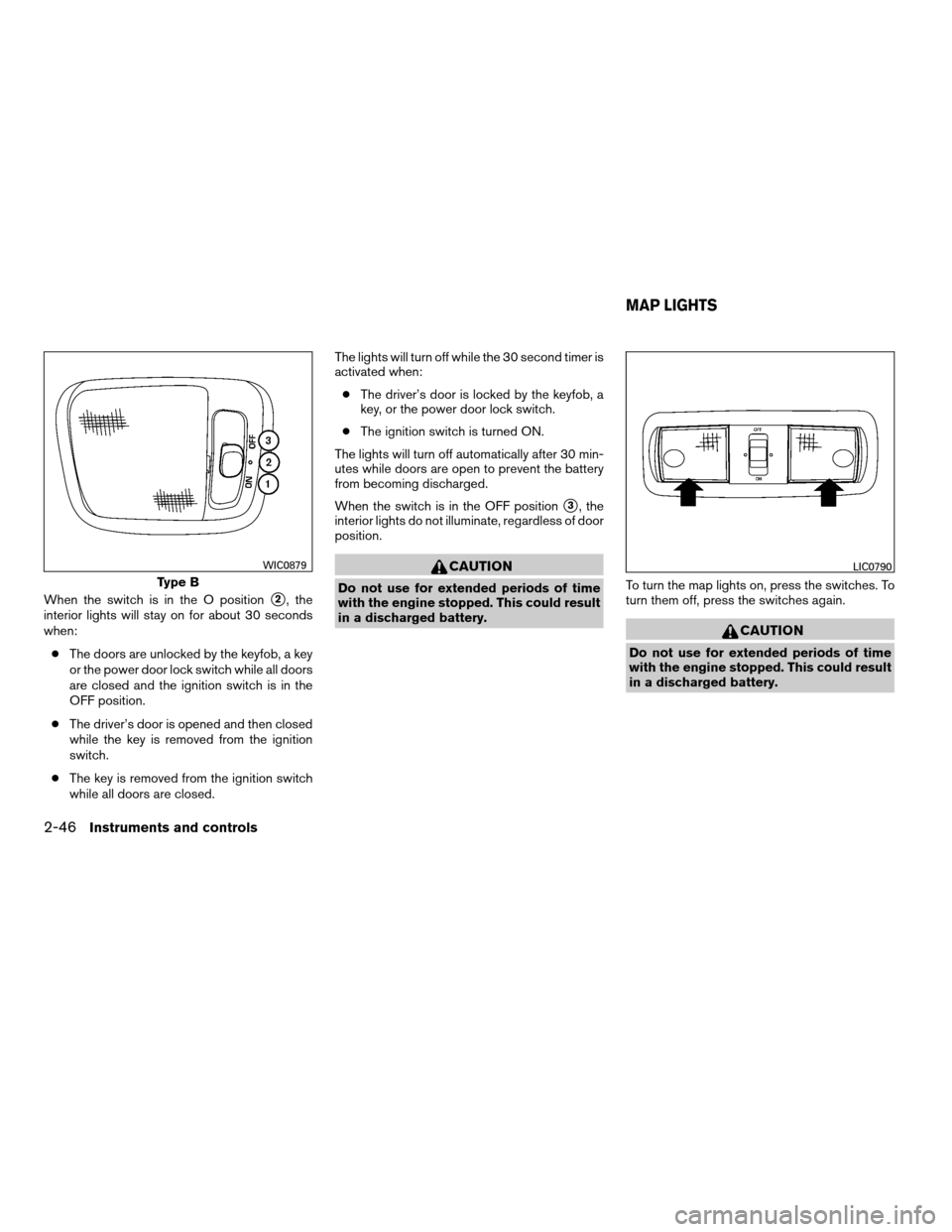 NISSAN XTERRA 2008 N50 / 2.G Owners Manual When the switch is in the O positions2, the
interior lights will stay on for about 30 seconds
when:
cThe doors are unlocked by the keyfob, a key
or the power door lock switch while all doors
are close