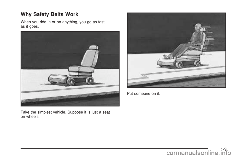 PONTIAC BONNEVILLE 2005 User Guide Why Safety Belts Work
When you ride in or on anything, you go as fast
as it goes.
Take the simplest vehicle. Suppose it is just a seat
on wheels.Put someone on it.
1-9 PONTIAC BONNEVILLE 2005 User Guide Why Safety Belts Work
When you ride in or on anything, you go as fast
as it goes.
Take the simplest vehicle. Suppose it is just a seat
on wheels.Put someone on it.
1-9