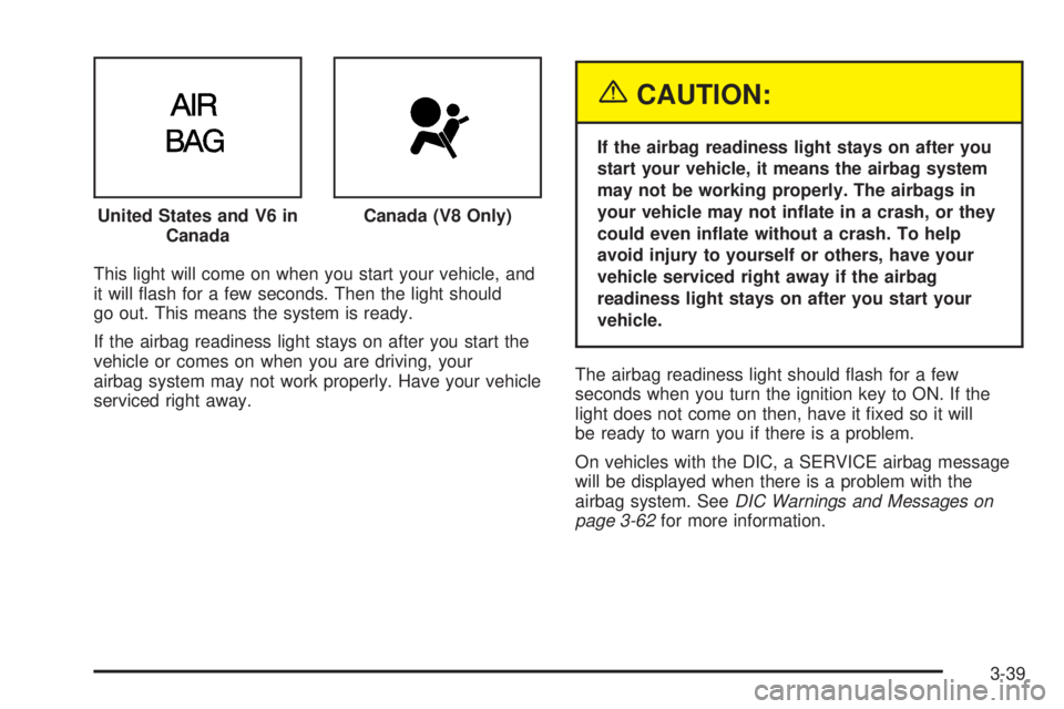 PONTIAC BONNEVILLE 2005  Owners Manual This light will come on when you start your vehicle, and
it will �ash for a few seconds. Then the light should
go out. This means the system is ready.
If the airbag readiness light stays on after you 