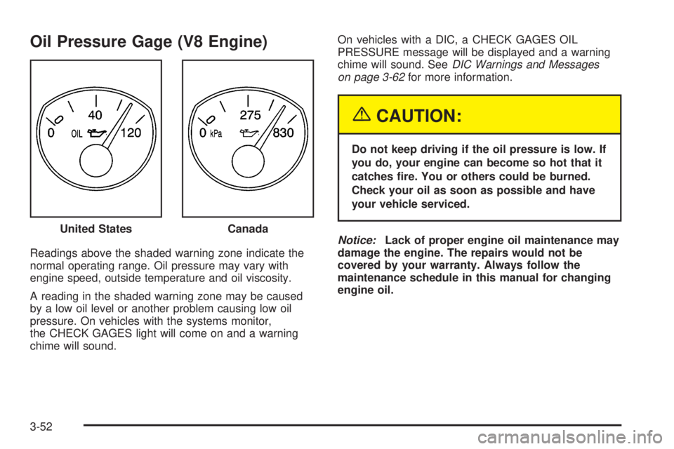 PONTIAC BONNEVILLE 2005  Owners Manual Oil Pressure Gage (V8 Engine)
Readings above the shaded warning zone indicate the
normal operating range. Oil pressure may vary with
engine speed, outside temperature and oil viscosity.
A reading in t