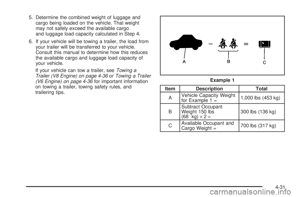 PONTIAC BONNEVILLE 2005  Owners Manual 5. Determine the combined weight of luggage and
cargo being loaded on the vehicle. That weight
may not safely exceed the available cargo
and luggage load capacity calculated in Step 4.
6. If your vehi