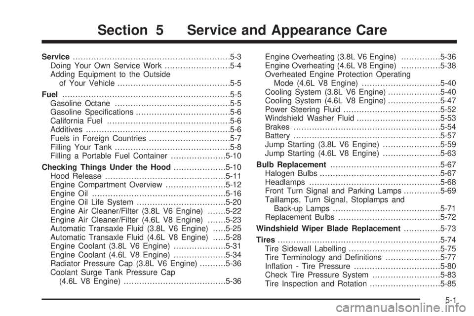 PONTIAC BONNEVILLE 2005  Owners Manual Service............................................................5-3
Doing Your Own Service Work.........................5-4
Adding Equipment to the Outside
of Your Vehicle..........................