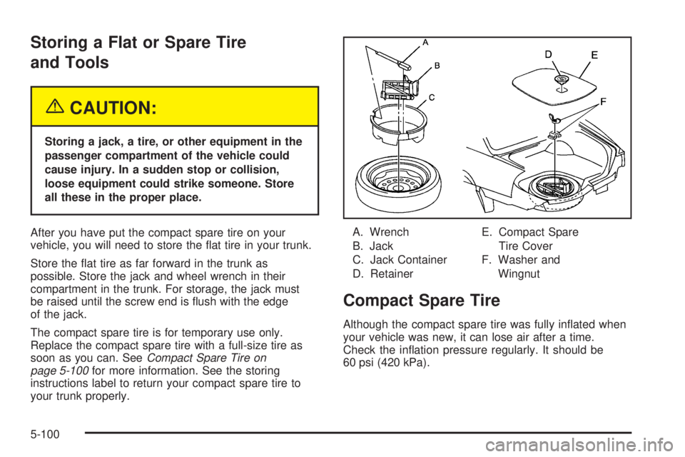 PONTIAC BONNEVILLE 2005  Owners Manual Storing a Flat or Spare Tire
and Tools
{CAUTION:
Storing a jack, a tire, or other equipment in the
passenger compartment of the vehicle could
cause injury. In a sudden stop or collision,
loose equipme