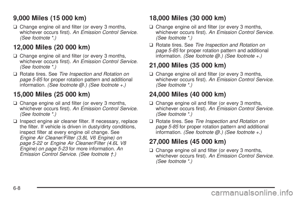 PONTIAC BONNEVILLE 2005  Owners Manual 9,000 Miles (15 000 km)
❑Change engine oil and �lter (or every 3 months,
whichever occurs �rst).An Emission Control Service.
(See footnote *.)
12,000 Miles (20 000 km)
❑Change engine oil and �lter