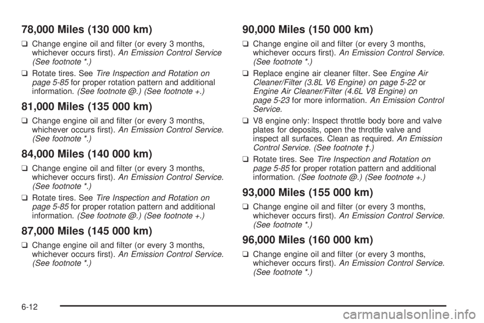 PONTIAC BONNEVILLE 2005  Owners Manual 78,000 Miles (130 000 km)
❑Change engine oil and �lter (or every 3 months,
whichever occurs �rst).An Emission Control Service
(See footnote *.)
❑Rotate tires. SeeTire Inspection and Rotation on
pa