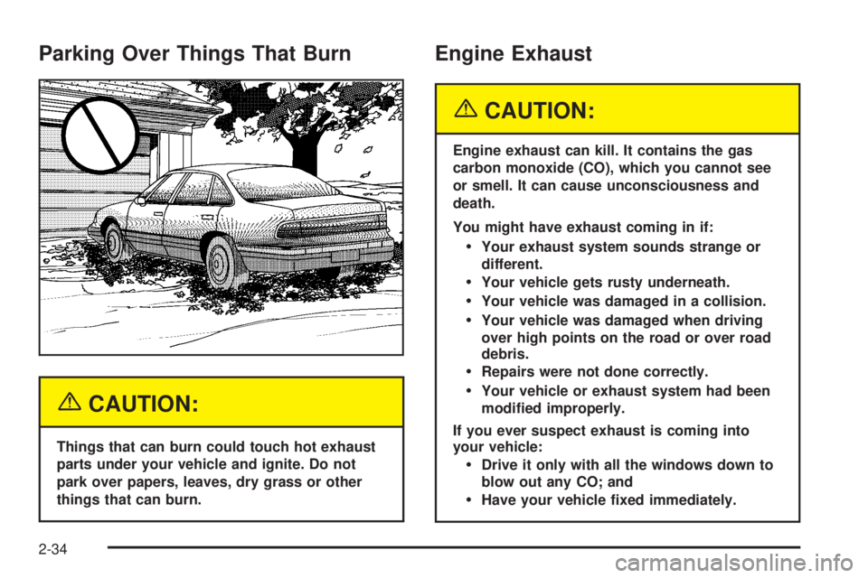 PONTIAC BONNEVILLE 2005  Owners Manual Parking Over Things That Burn
{CAUTION:
Things that can burn could touch hot exhaust
parts under your vehicle and ignite. Do not
park over papers, leaves, dry grass or other
things that can burn.
Engi