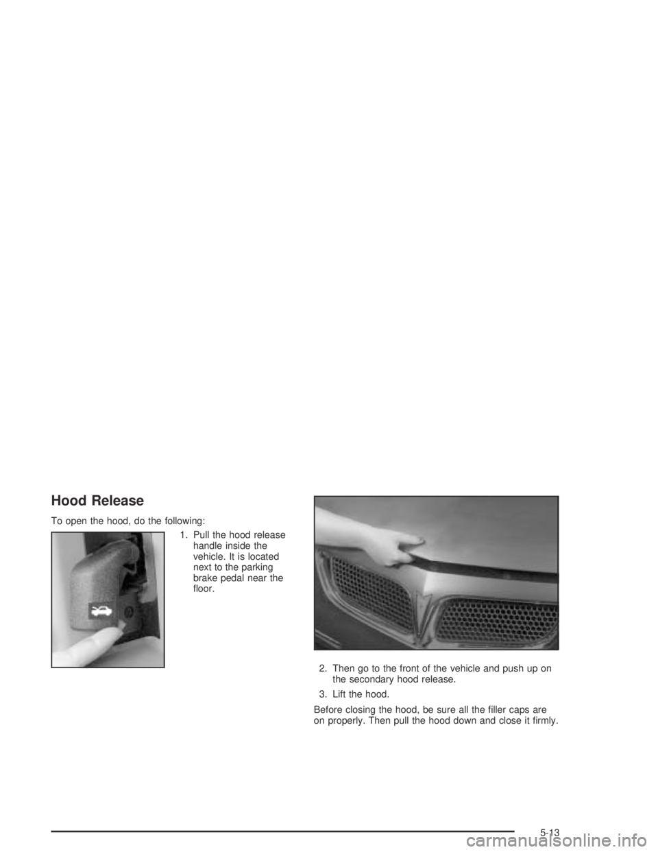 PONTIAC BONNEVILLE 2004  Owners Manual Hood Release
To open the hood, do the following:
1. Pull the hood release
handle inside the
vehicle. It is located
next to the parking
brake pedal near the
�oor.
2. Then go to the front of the vehicle