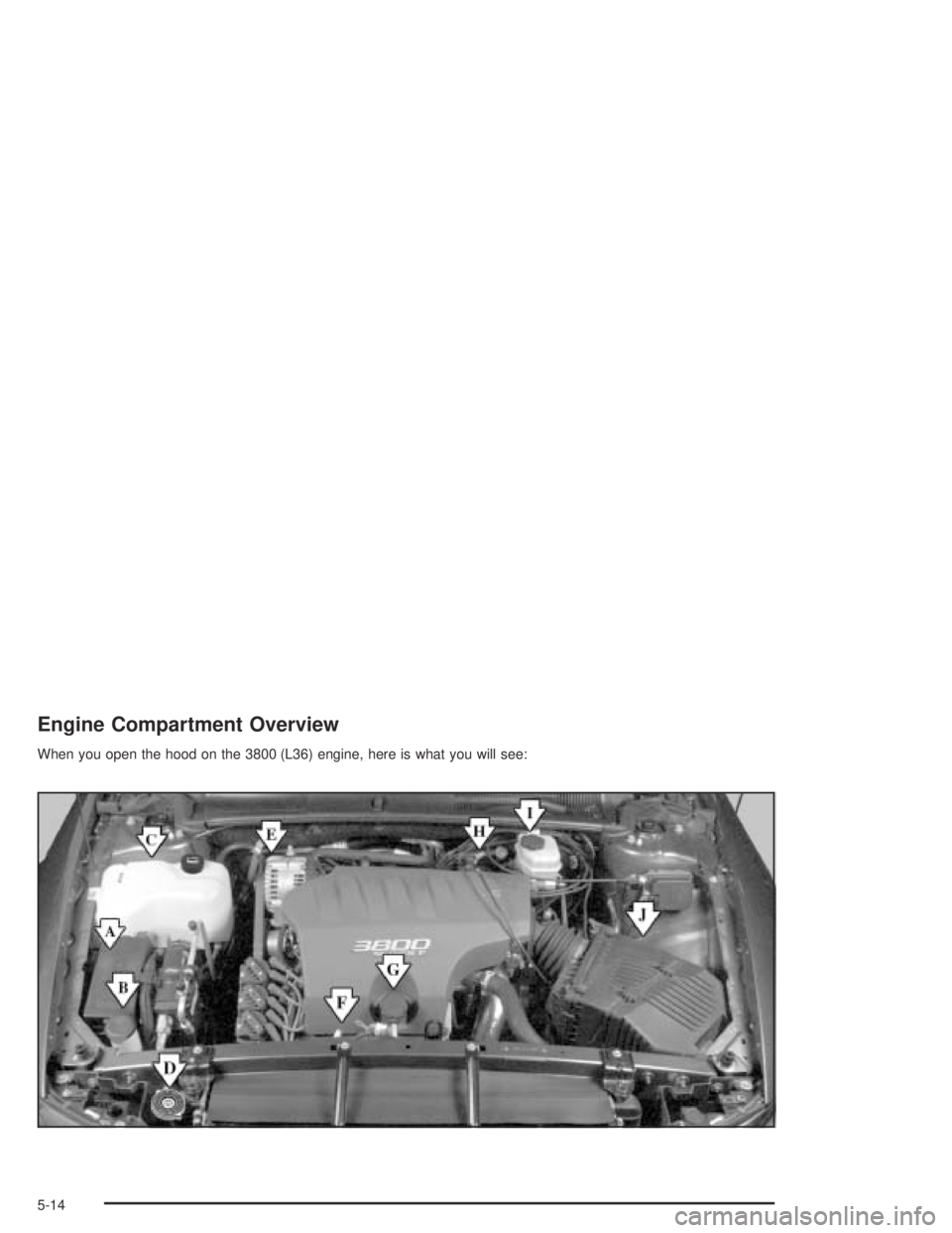 PONTIAC BONNEVILLE 2004  Owners Manual Engine Compartment Overview
When you open the hood on the 3800 (L36) engine, here is what you will see:
5-14 