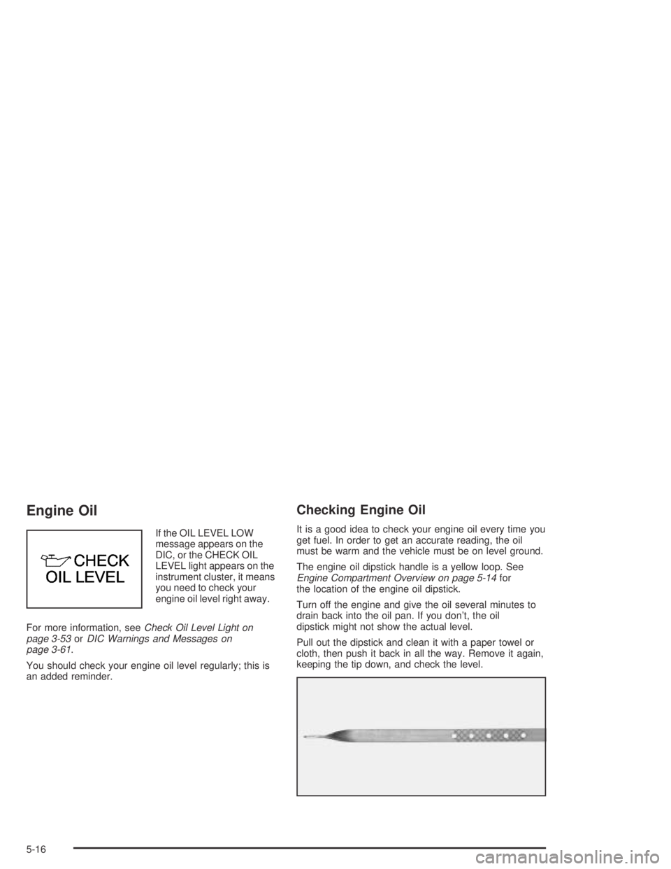 PONTIAC BONNEVILLE 2004  Owners Manual Engine Oil
If the OIL LEVEL LOW
message appears on the
DIC, or the CHECK OIL
LEVEL light appears on the
instrument cluster, it means
you need to check your
engine oil level right away.
For more inform