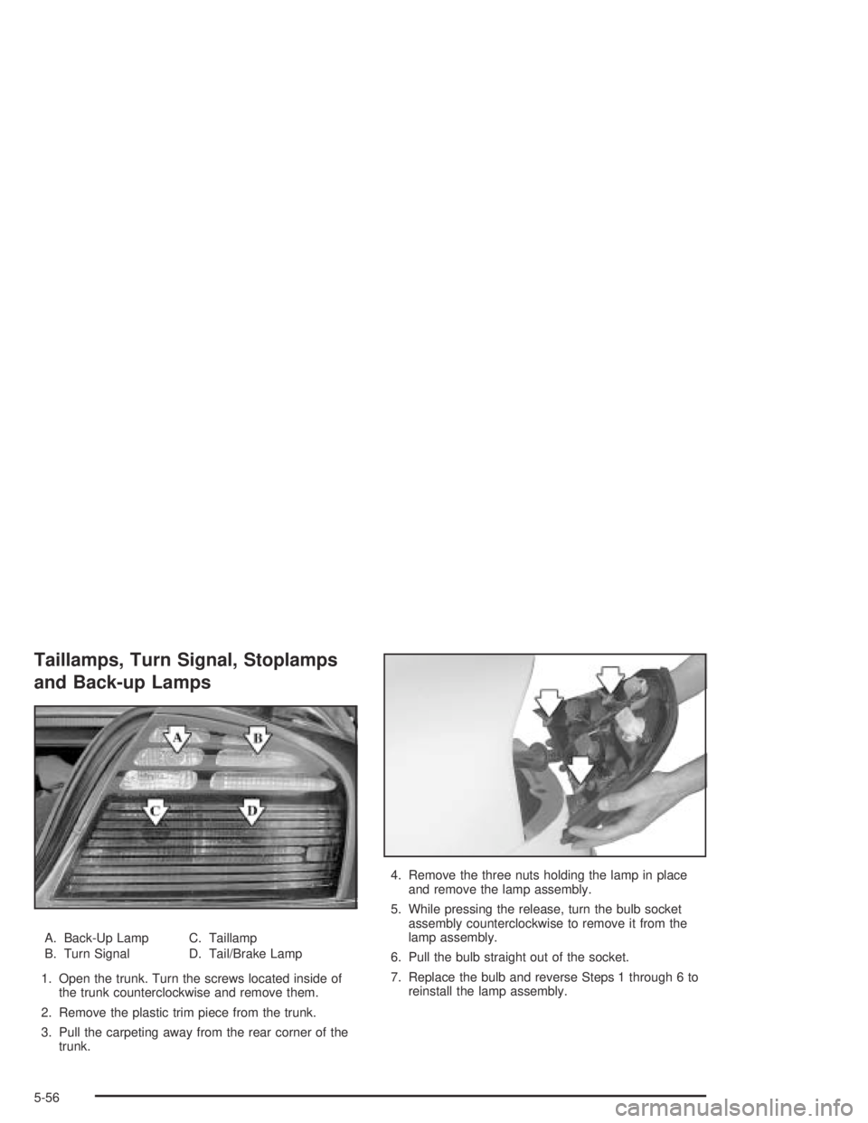 PONTIAC BONNEVILLE 2004  Owners Manual Taillamps, Turn Signal, Stoplamps
and Back-up Lamps
A. Back-Up Lamp
B. Turn SignalC. Taillamp
D. Tail/Brake Lamp
1. Open the trunk. Turn the screws located inside of
the trunk counterclockwise and rem
