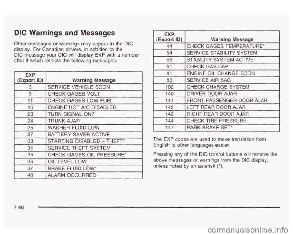 PONTIAC BONNEVILLE 2003 Owners Manual DIC Warnings and Messages
Other messages or warnings may appear in the DIC
display. For Canadian drivers, in addition to the
DIC message your DIC will display EXP with a number
after i PONTIAC BONNEVILLE 2003 Owners Manual DIC Warnings and Messages
Other messages or warnings may appear in the DIC
display. For Canadian drivers, in addition to the
DIC message your DIC will display EXP with a number
after i