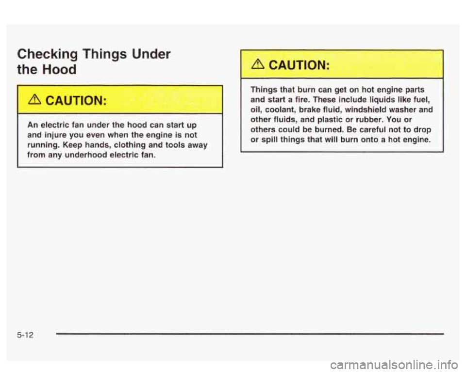 PONTIAC BONNEVILLE 2003  Owners Manual Checking  Things  Under 
the  Hood 
I 
An  electric  fan  under  the  hood  can  start  up 
and  injure  you  even  when  the  engine 
is not 
running.  Keep  hands,  clothing  and  tools  away 
from 