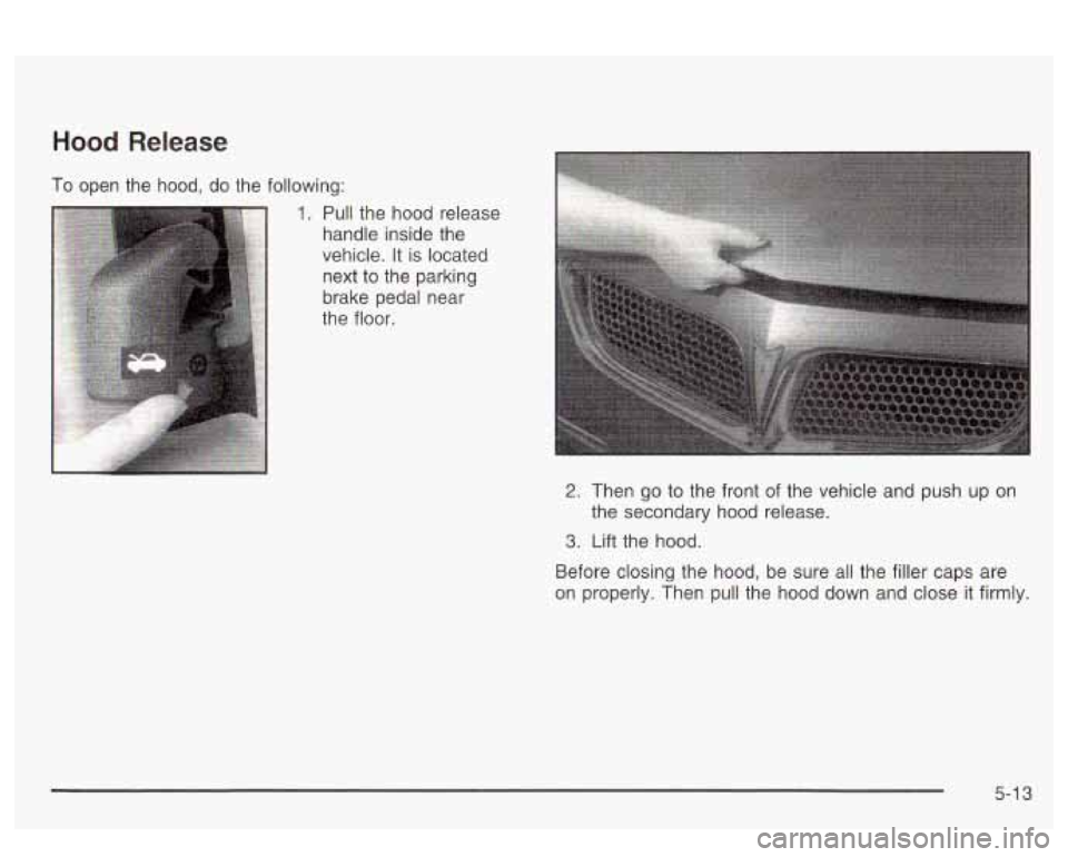 PONTIAC BONNEVILLE 2003  Owners Manual Hood Release 
To  open  the  hood,  do  the  following: 
1. Pull the hood  release 
handle  inside  the 
vehicle.  It is  located 
next  to the parking 
brake  pedal near 
the  floor. 
2. Then  go to 