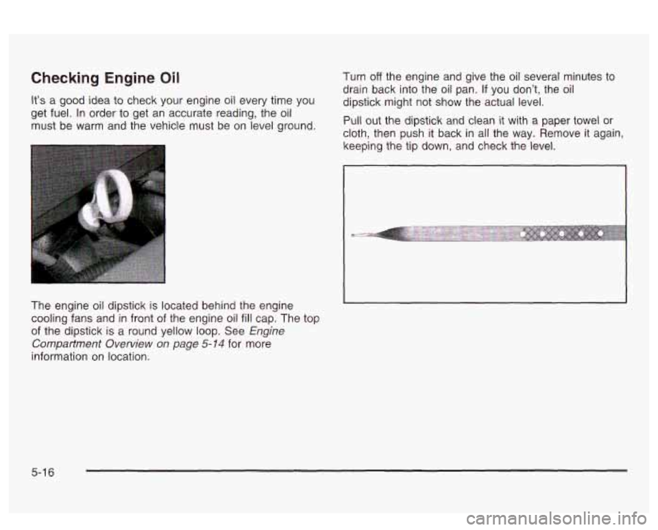 PONTIAC BONNEVILLE 2003  Owners Manual Checking Engine Oil 
It’s a good  idea  to  check your  engine oil every time you 
get fuel.  In order  to  get an accurate  reading, the oil 
must  be warm  and the vehicle  must be on  level  grou