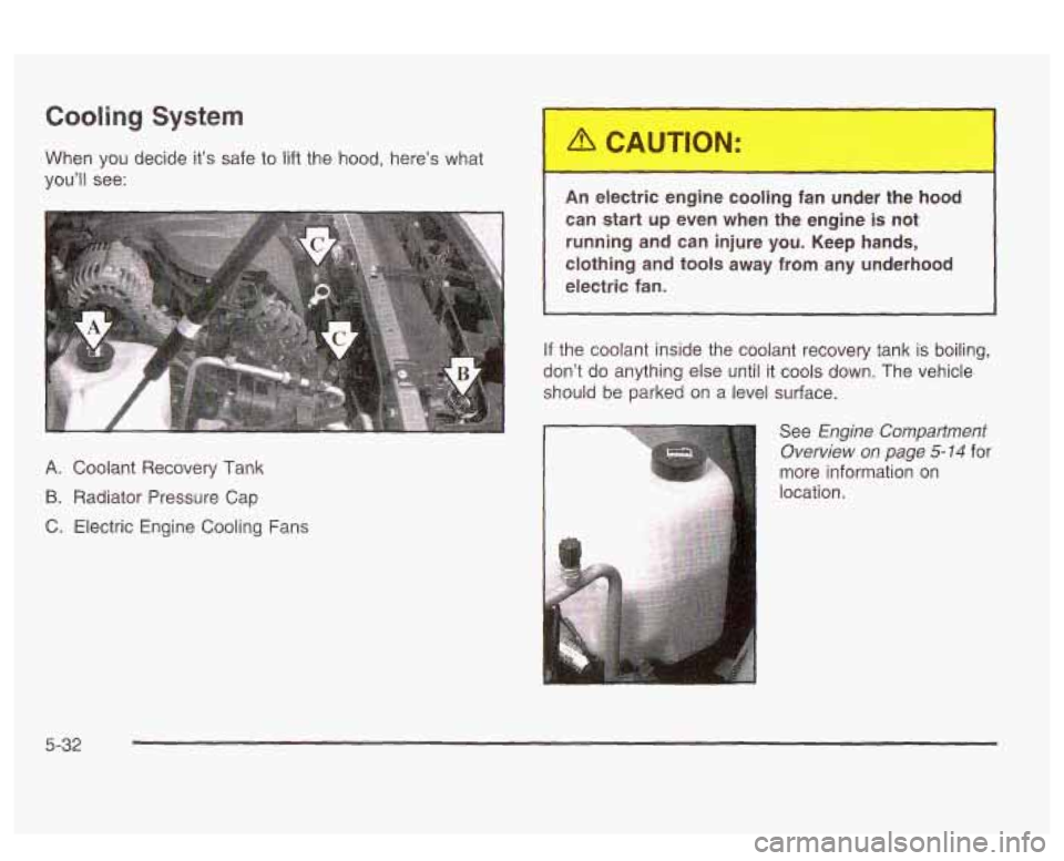 PONTIAC BONNEVILLE 2003  Owners Manual Cooling System 
When you decide it’s safe  to lift the hood, here’s  what 
you’ll  see: 
A. Coolant  Recovery  Tank 
B. Radiator  Pressure  Cap 
C.  Electric  Engine Cooling  Fans 
An electric  