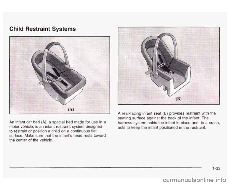 PONTIAC BONNEVILLE 2003 Owners Guide seating surfzce  against the  back of the  infant. The 
An  infant  car  bed (A), a special  bed made  for use  in a  harness system holds  the infant  in place  and, in a crash, 
motor  vehicle, 
is 