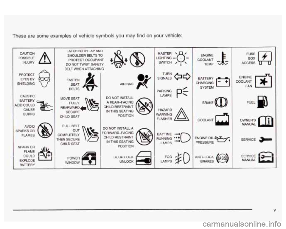 PONTIAC BONNEVILLE 2003  Owners Manual These  are  some  examples of vehicle  symbols  you may find on your  vehicle: 
POSSIBLE A 
CAUTION 
INJURY 
PROTECT  EYES  BY 
SHIELDING 
CAUSTIC 
KID  COULD 
& 
BATTERY 
CAUSE 
BURNS 
AVO  ID 
SPARK