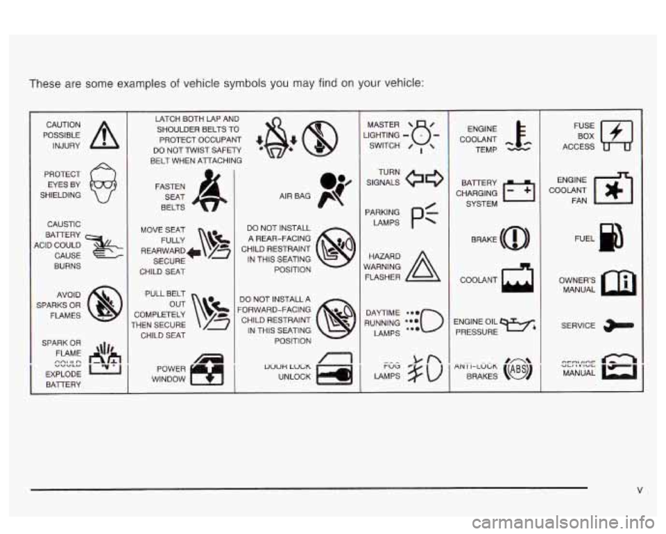 PONTIAC BONNEVILLE 2003 Owners Manual These are some examples of vehicle symbols you may find on your vehicle:
POSSIBLE A
CAUTION
INJURY
PROTECT EYES BY
SHIELDING
CAUSTIC
KID COULD
&
BATTERY
CAUSE
BURNS
AVO ID
SPARK PONTIAC BONNEVILLE 2003 Owners Manual These are some examples of vehicle symbols you may find on your vehicle:
POSSIBLE A
CAUTION
INJURY
PROTECT EYES BY
SHIELDING
CAUSTIC
KID COULD
&
BATTERY
CAUSE
BURNS
AVO ID
SPARK