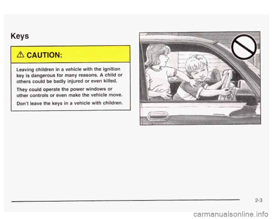PONTIAC BONNEVILLE 2003 Repair Manual Keys 
I 
Leaving  children  in  a  vehicle  with the  ignition 
key  is dangerous  for  many  reasons. 
A child  or 
others  could  be  badly  injured  or  even  killed. 
They  could  operate  the  po