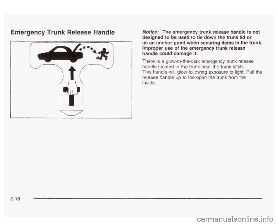 PONTIAC BONNEVILLE 2003 Manual Online Emergency  Trunk  Release Handle 
I r 
Notice: The  emergency  trunk  release  handle is not 
designed  to  be  used  to  tie  down  the  trunk  lid 
or 
as an  anchor  point when  securing  items  in